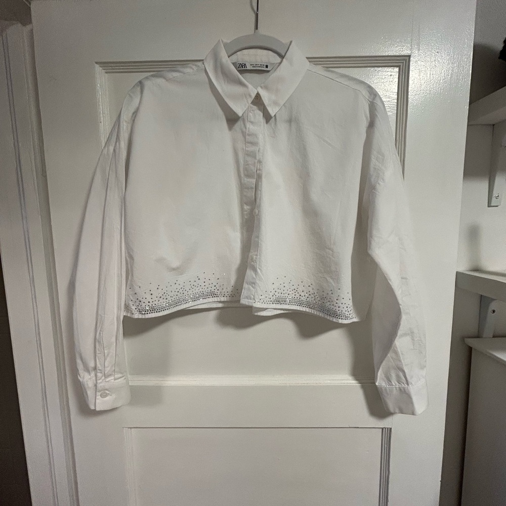 Zara White Cropped Shirt with Rhinestone Detail